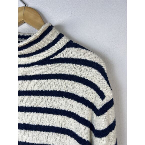 J. Crew women's large Nautical Blue White Stripe Mock neck sweater classic - Picture 4 of 10